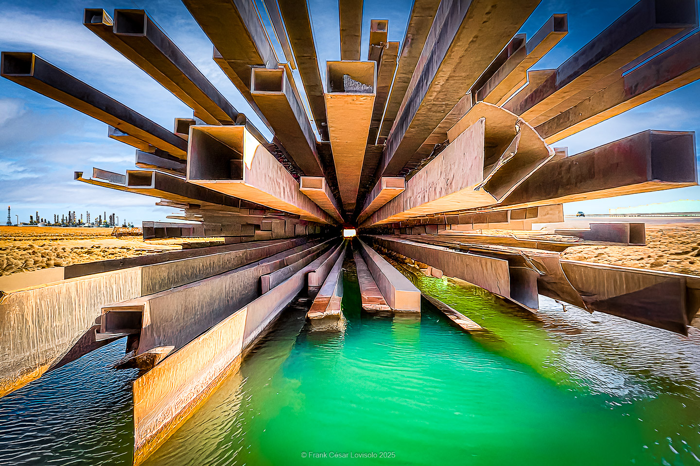 Metal beams and useless parts of an oil refinery on green water.