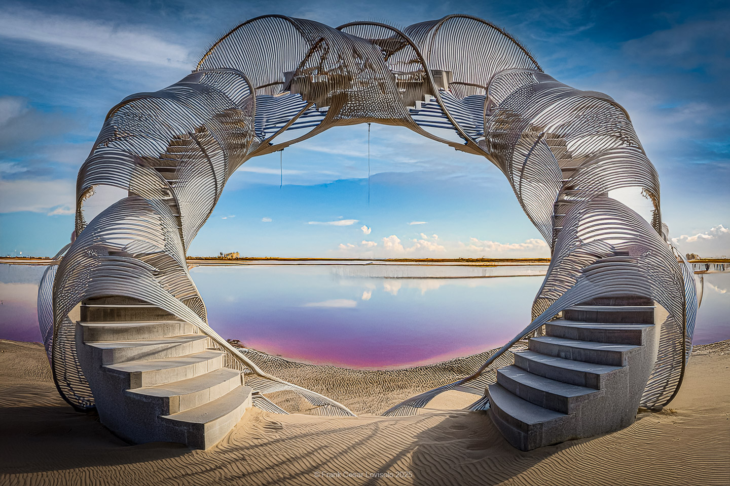 A doughnut-shaped formation on a salt evaporation pond, featuring an unnecessary staircase.