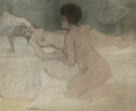 Delphine and Hippolyte: les deux femmes damnées pencil and pastel on paper