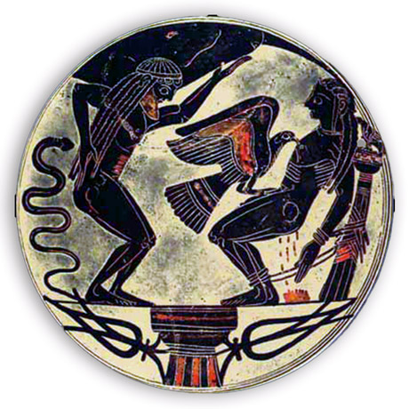Prométhée enchaîné avec l'aigle ; à gauche son frère Atlas (Kylix laconien à figures noires du peintre Arcésilas de Cerveteri, vers -560/-550