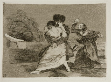 Francisco de Goya: No quieren (« Elles ne veulent pas »). Une vieille femme brandit un couteau pour défendre une jeune femme qui se fait agresser par un soldat