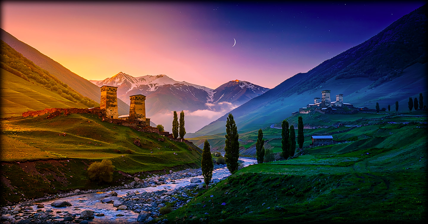 La photographie aux heures bleue et dorée - Tamari Gogichaishvili : - Paysage panoramique de la Géorgie Caucase avec les anciennes tours de guet Svanes